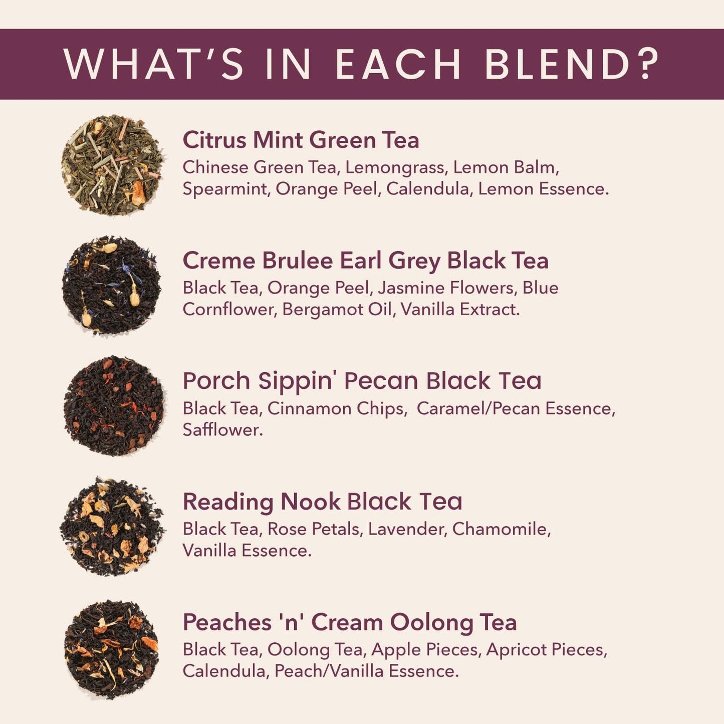Plum Deluxe Loose Leaf Tea Sampler – 5 Caffeinated Blends – 75 to 100 Cups – Caffeine - 5 Pack Sampler