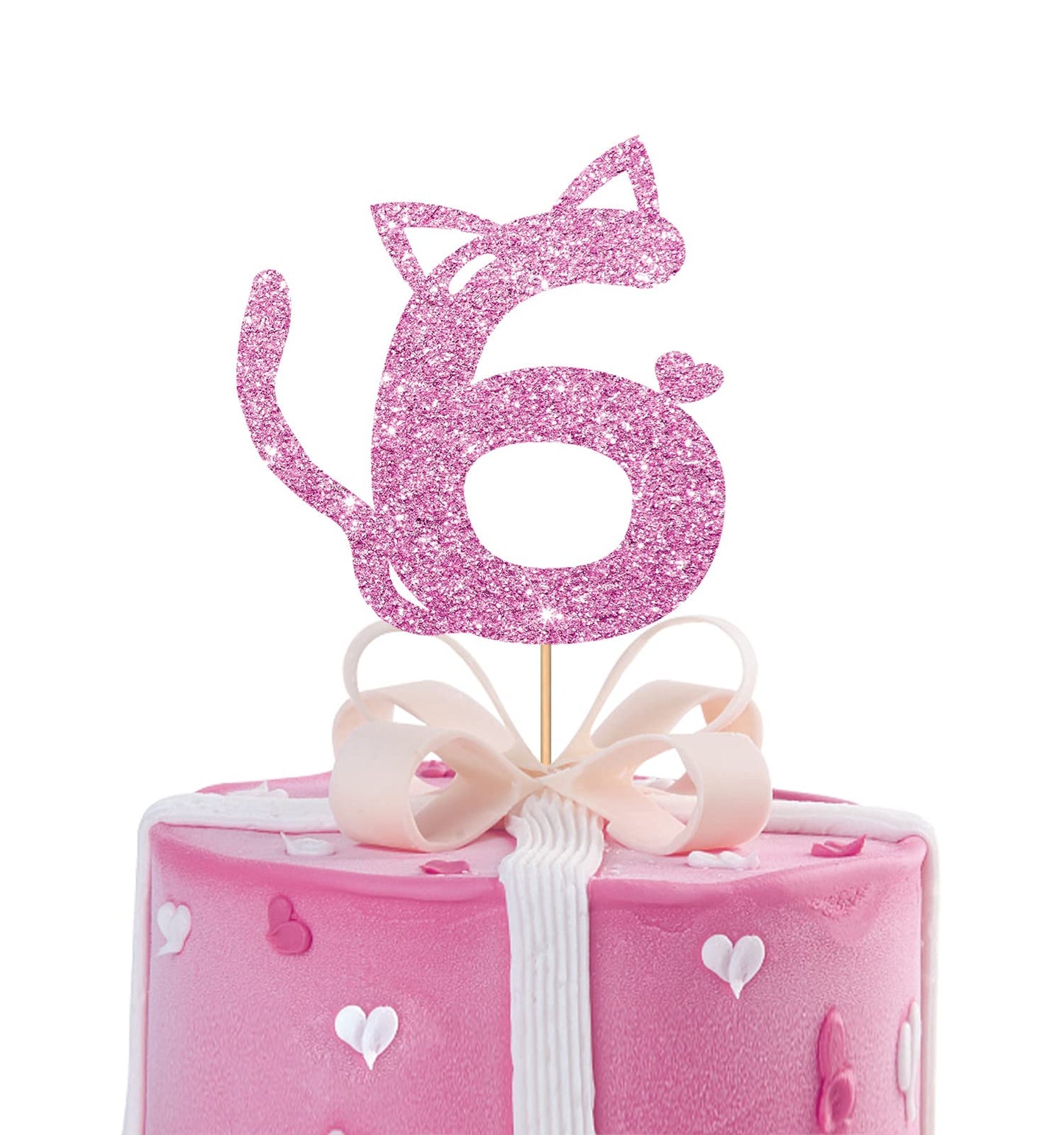 MINUET MINUTE Cat Six Cake Topper - Pink Glitter, Number 6 Birthday Decoration for Baby Girl Party Supplies