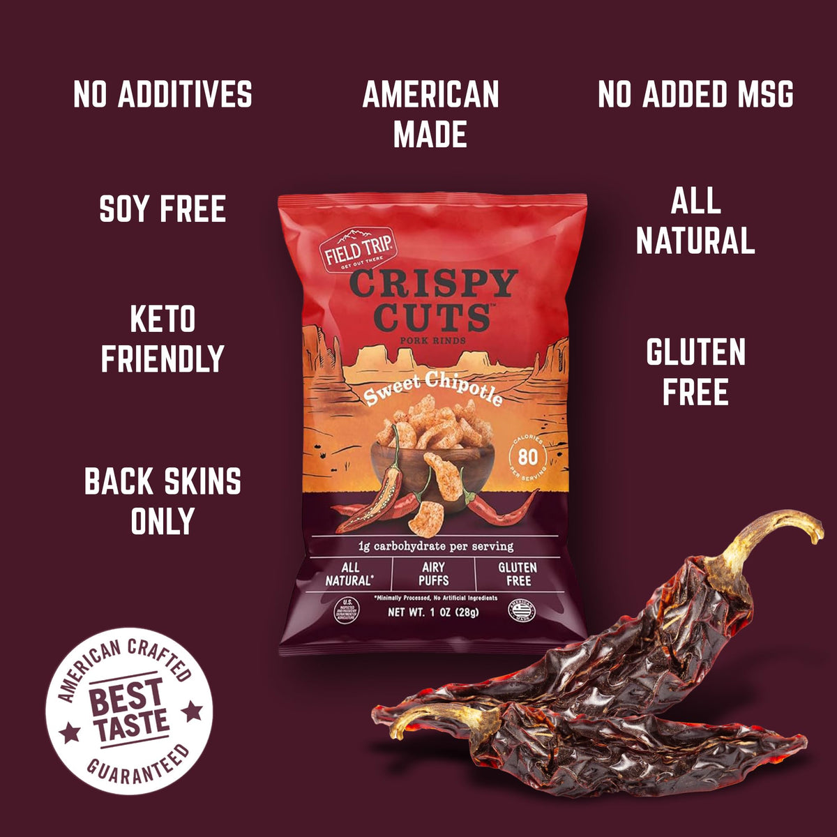 Field Trip Gluten Free Pork Rinds, Paleo And Keto Friendly Airy Puffs, Crunchy High Protein Snacks, Low Carb Snack From Back Pork Skins, 1Oz Bag, 6 Pack, Sweet Chipotle, Holiday & Christmas Gift Item