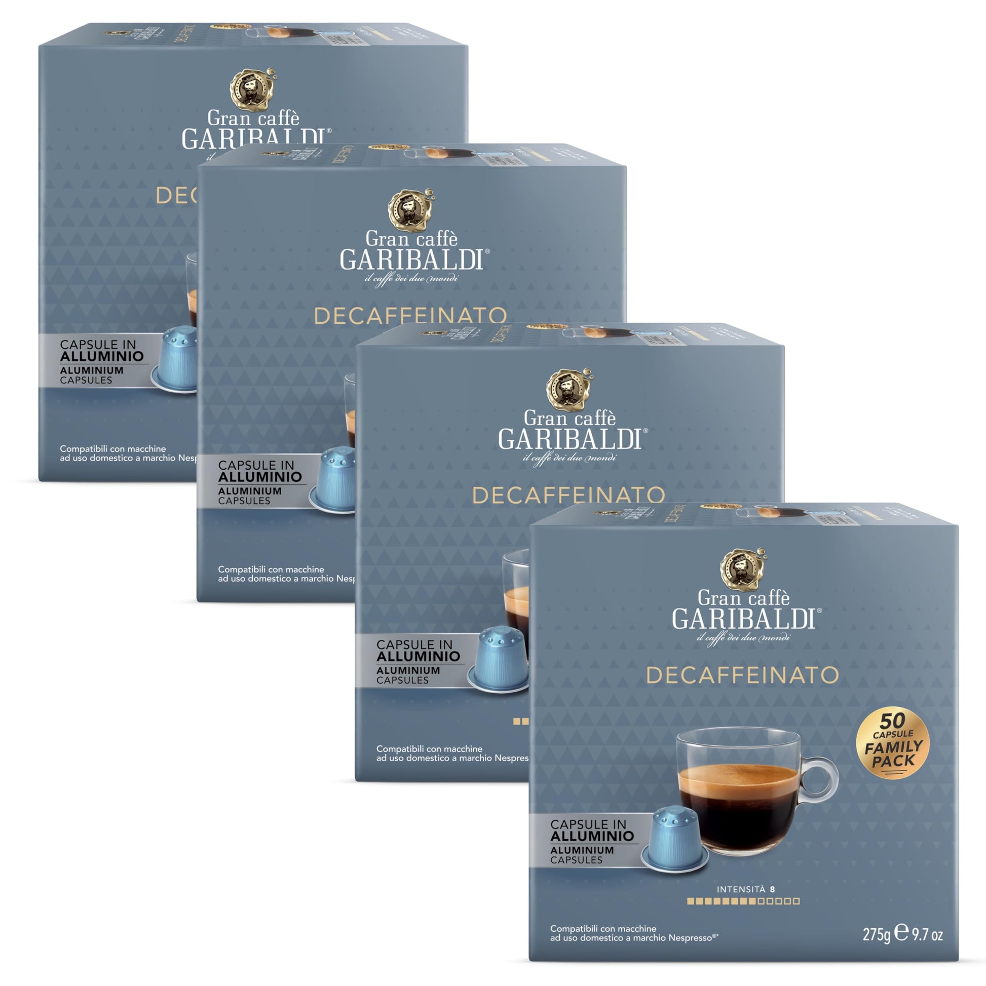 Caffè Garibaldi Decaffeinated Espresso Pods, Compatible with Nespresso, 200 Count, Intense Aroma, Aluminum Capsules