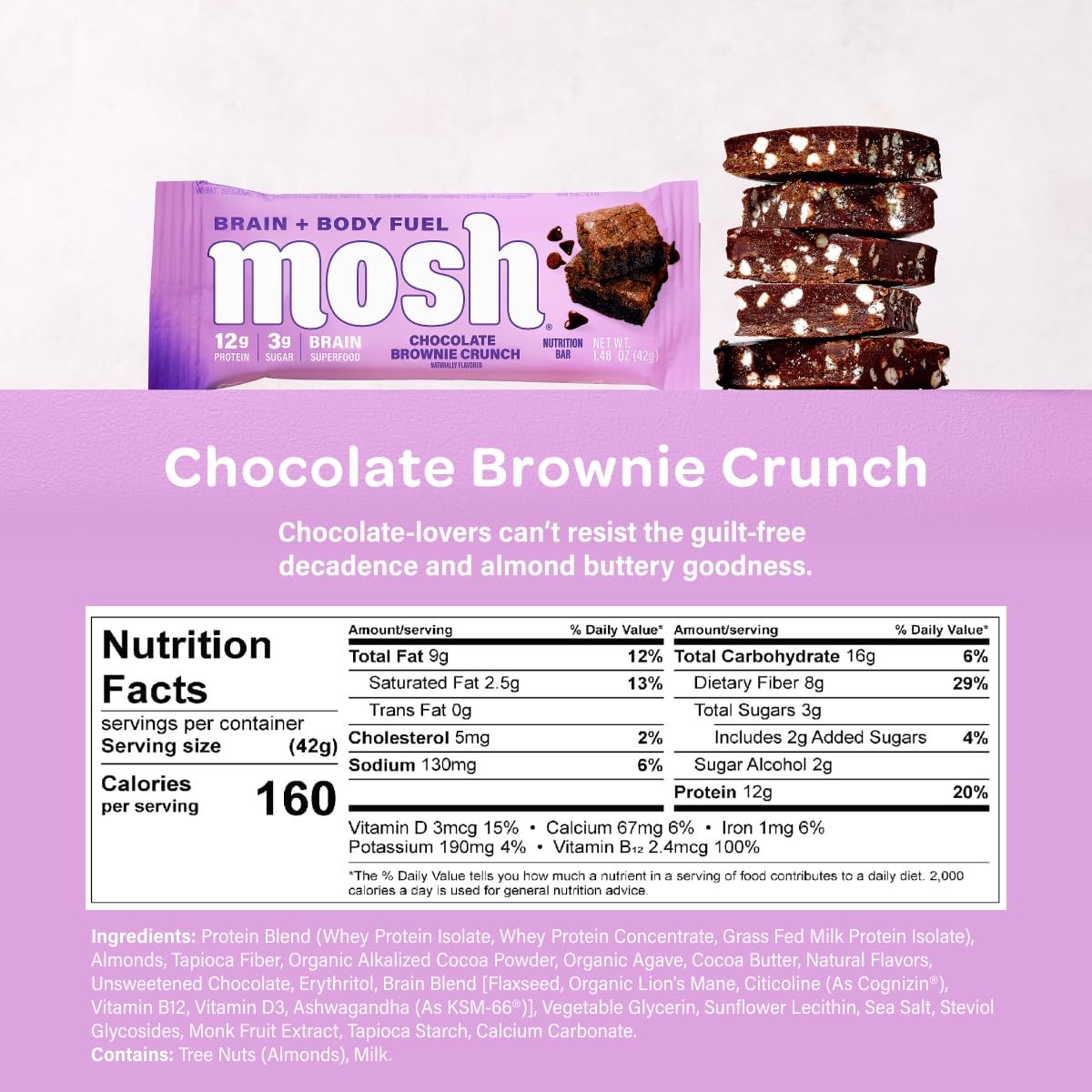 Mosh Chocolate Brownie Keto Protein Bars, High Fiber, Low Carb, Gluten Free, High Protein, Brain Healthy Snack, 12 Count