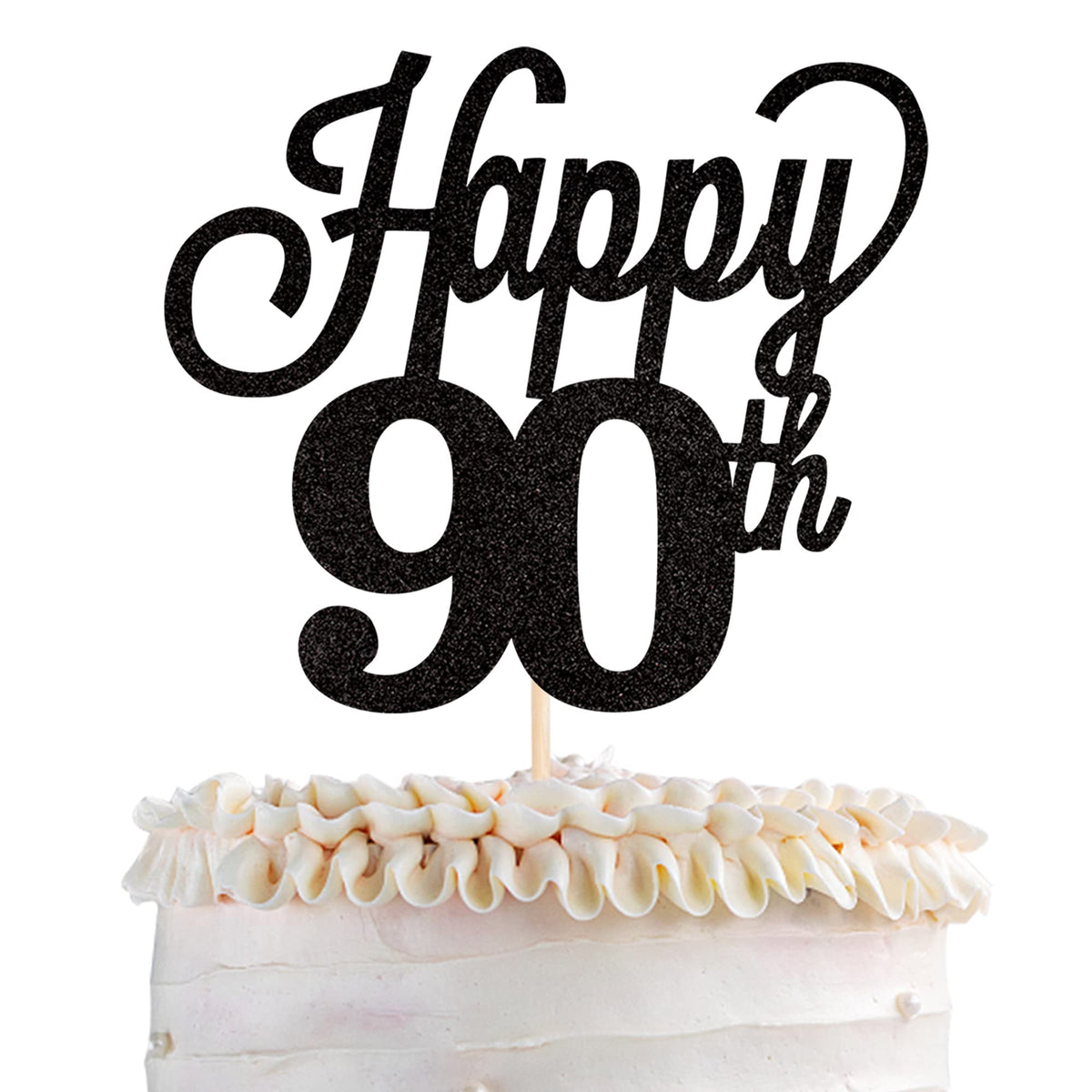 YCTHUNFISH 90th Birthday Cake Topper Black Glitter Bamboo Decoration for 90th Anniversary Party Supplies