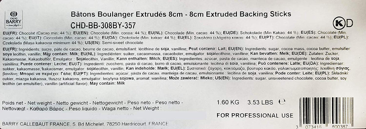 Cacao Barry Bittersweet Chocolate Baking Sticks - 44% Cacao - 300 X 8 Cm Sticks - 3.5 Lbs Total