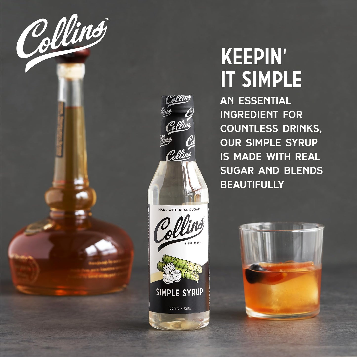 Collins Simple Syrup, Classic Cocktail Mixer, 12.7 Fl Oz, PET Bottle, Black