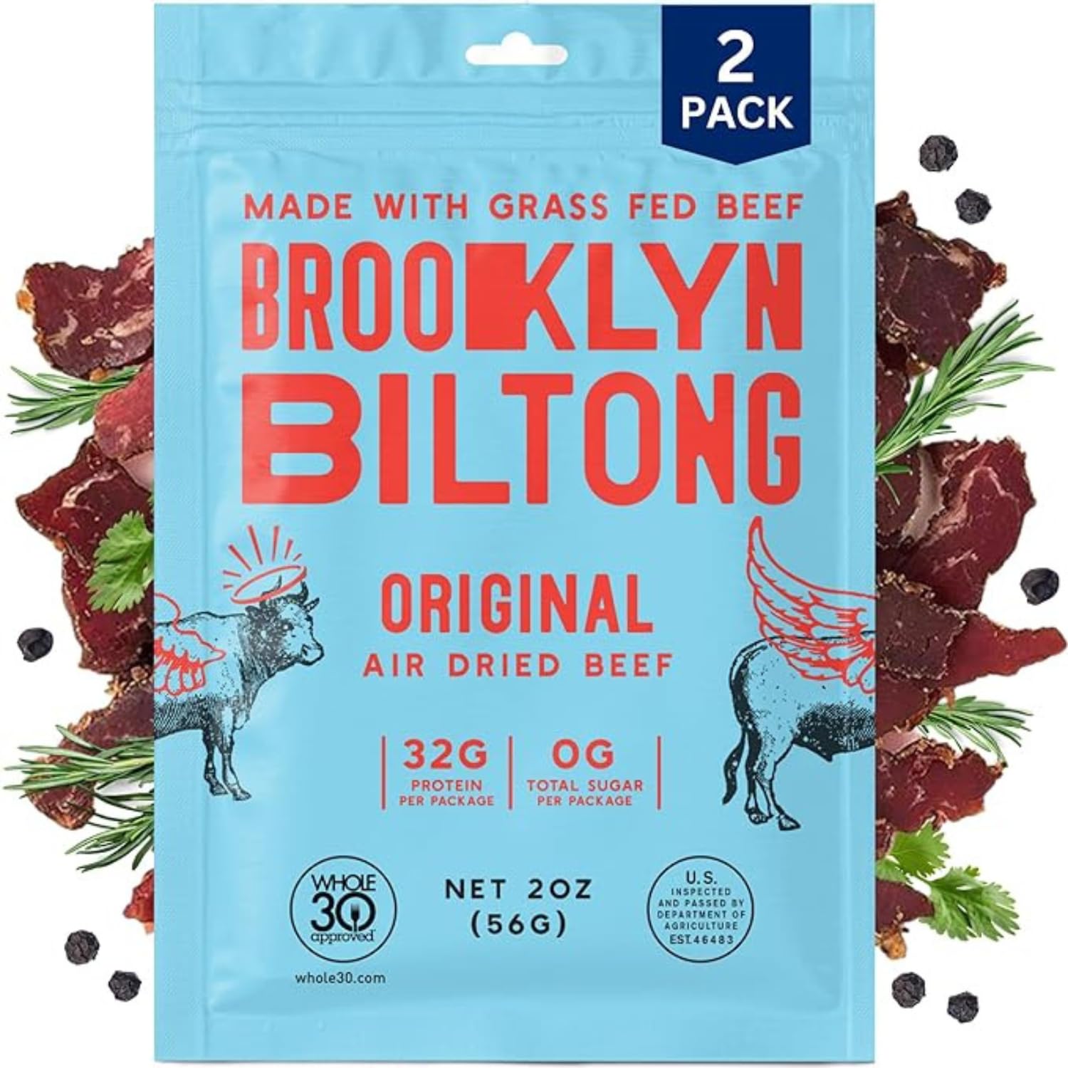 Brooklyn Biltong Air Dried Beef Snack, Whole30 Approved, Paleo, Keto, Gluten Free, Sugar Free, 2x2oz Bags