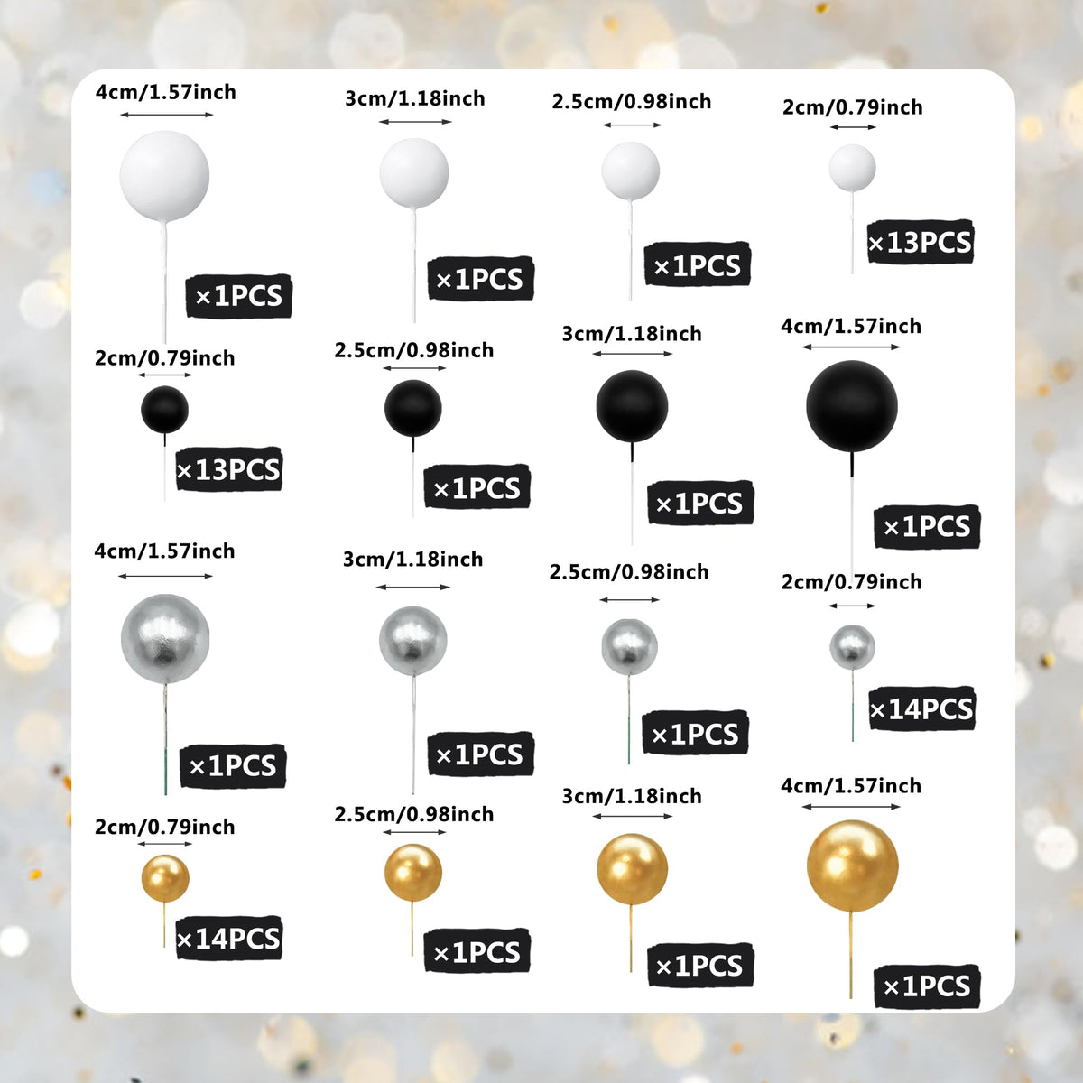 66 Pcs Ball Cake Picks Black Silver White Gold 4 Sizes For Diy Baking Decoration Cupcake Toppers And Wedding Anniversary Birthda