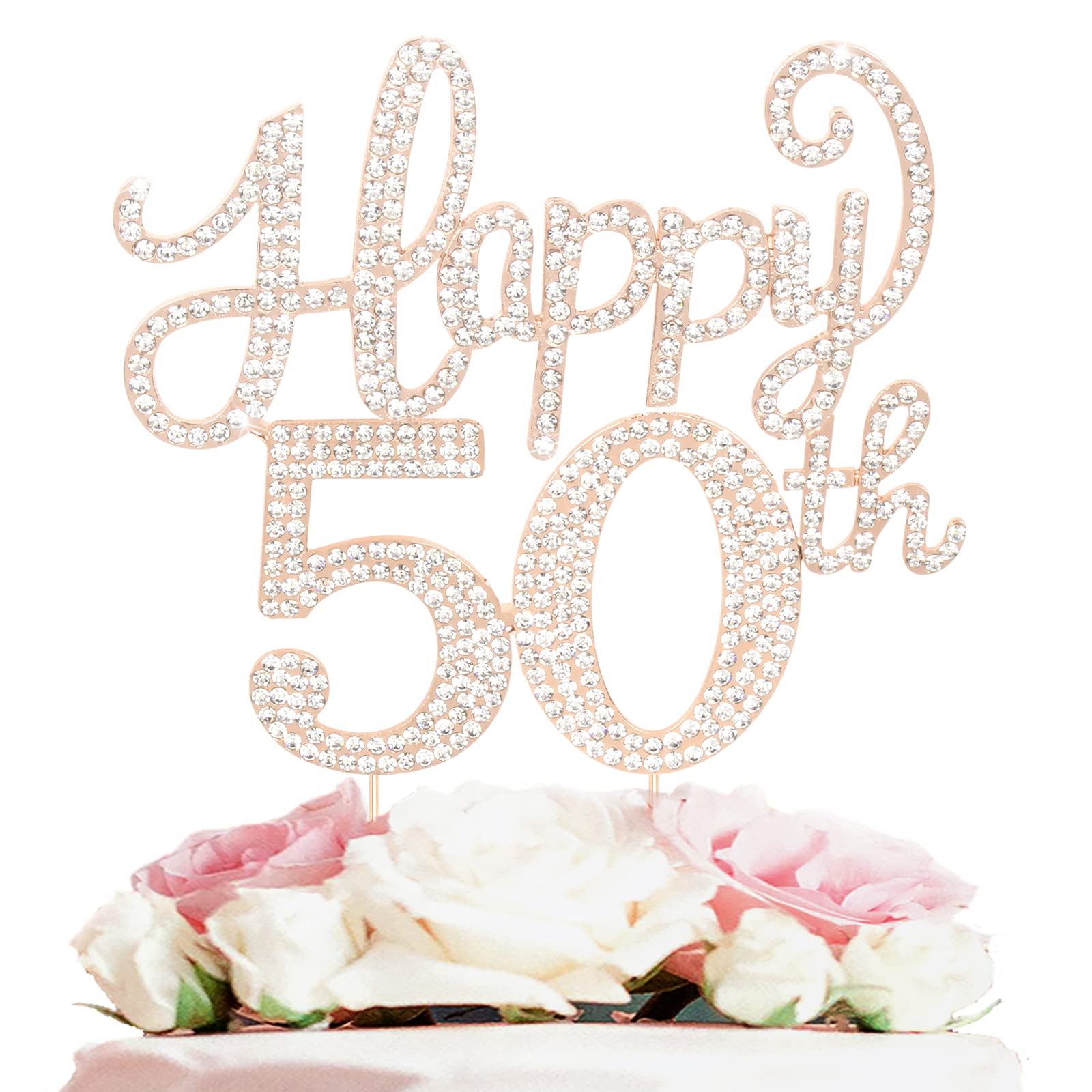 Happy 50Th Birthday Decorations,50Th Birthday Gold Rhinestone Cake Topper - Cheers To Fifty Years Old Bday Party Metal Sparkly C