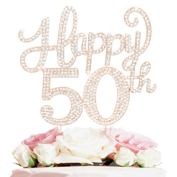 Happy 50Th Birthday Decorations,50Th Birthday Gold Rhinestone Cake Topper - Cheers To Fifty Years Old Bday Party Metal Sparkly C