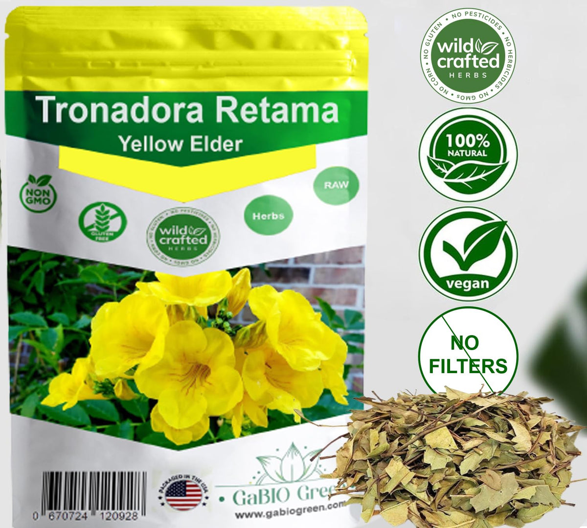 Gabio Green-Tronadora Retama, 4 Oz/114 Gr Pound Gr Premium Quality Tronadora Tea, Resealeble Bag, Yellow Elder Herbs, Tronadora
