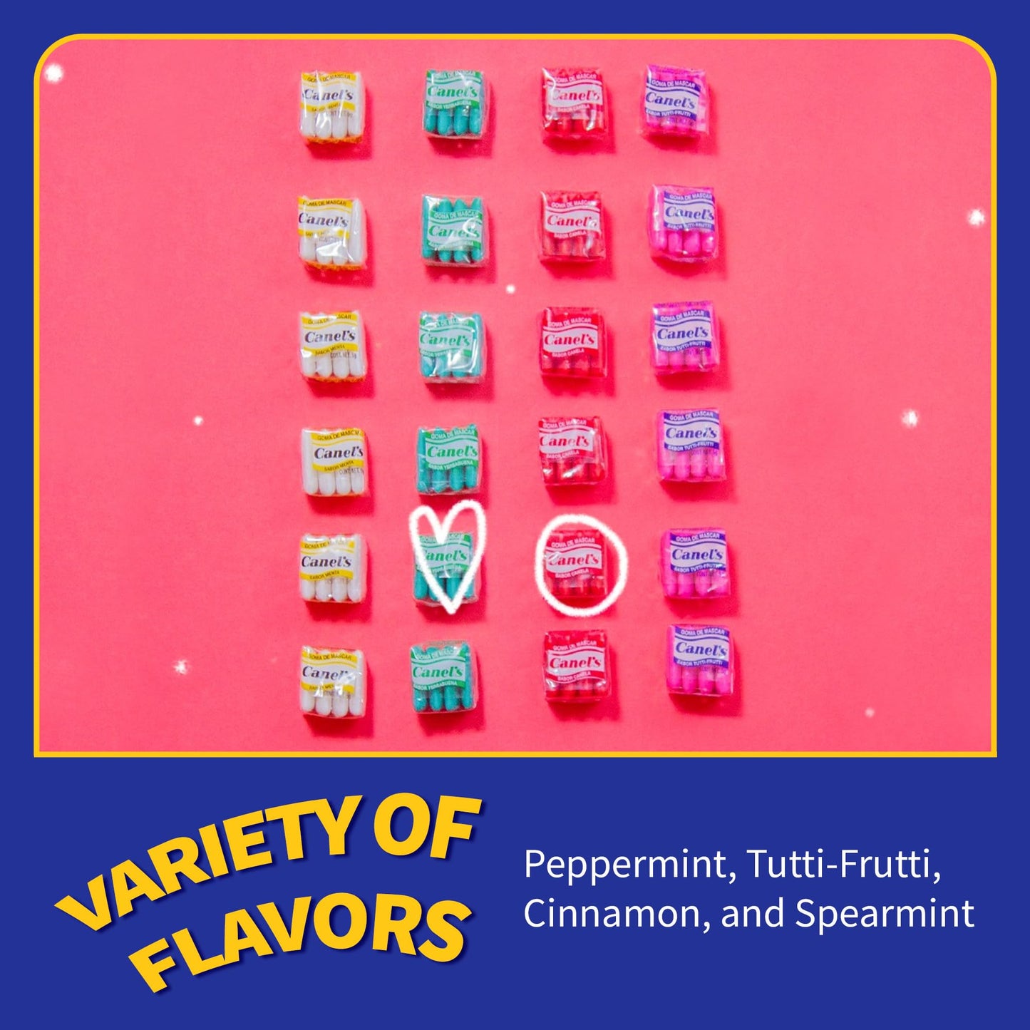 Canels 4-Piece Gum Pack Display in Original Flavors - Peppermint  Spearmint  Cinnamon  Fruit  Blueberry  Violet  and Menthol  240 Count
