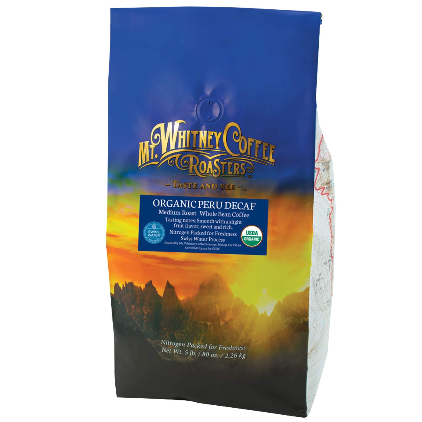 Mt. Whitney Coffee Roasters Organic Swiss Water Decaf Coffee, Low Acid, Whole Bean, 5 Lb, 80 Ounce