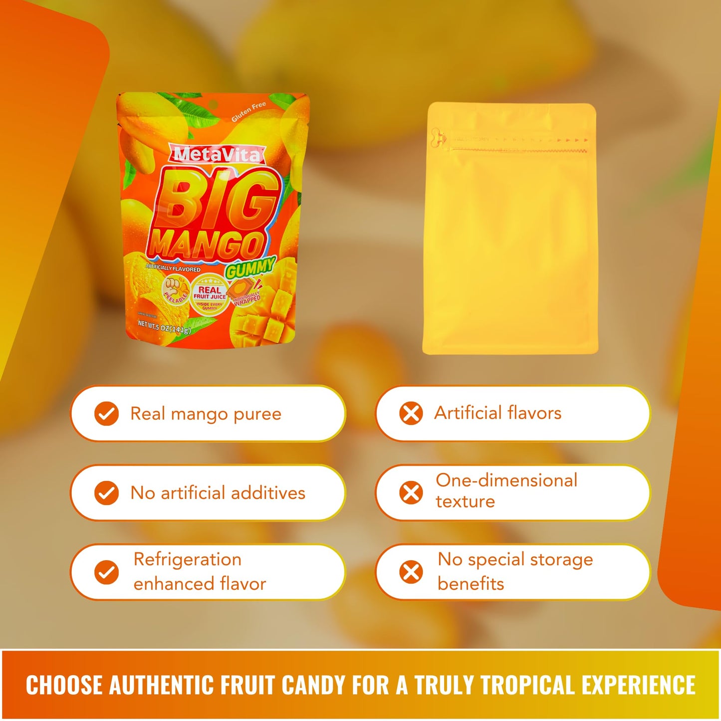 Luckycare MetaVita Big Mango Gummy Candy - Chewy, Gluten-Free, 5oz (1 Pack)