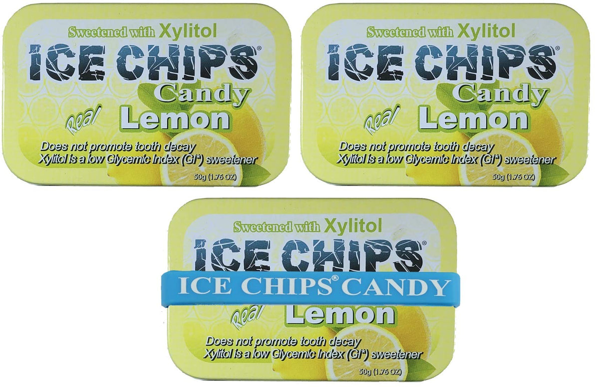 Ice Chips Xylitol Candy Tins 5.28 Oz Total (Lemon, 3 Pack) - Includes Band As Shown