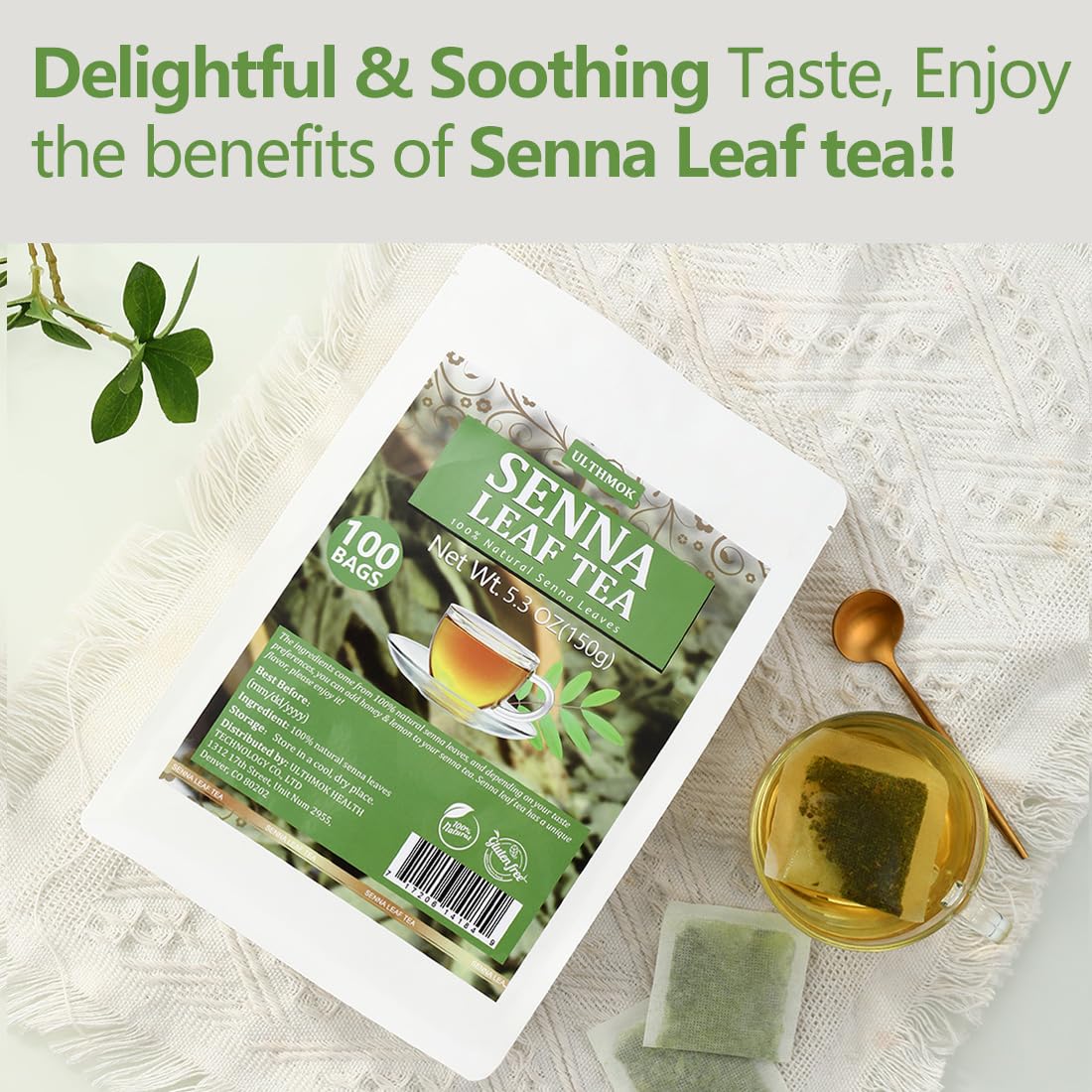 ULTHMOK Premium Senna Tea Bags, 100% Natural, Caffeine Free, 100 Count