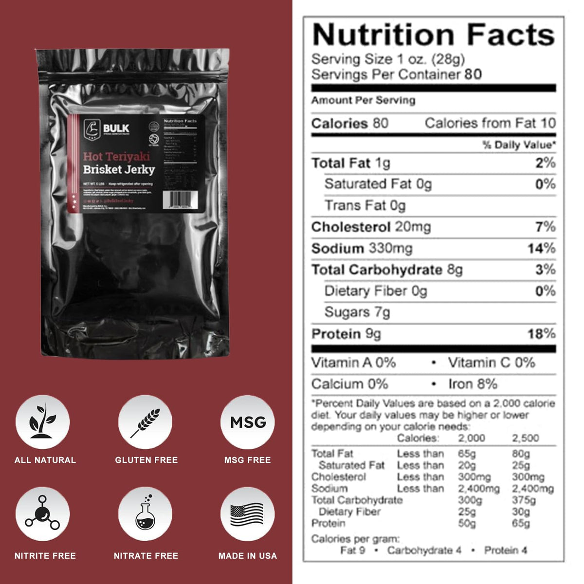 Bulk Brisket Jerky Hot Teriyaki 1 Pound - All Natural Gluten Free