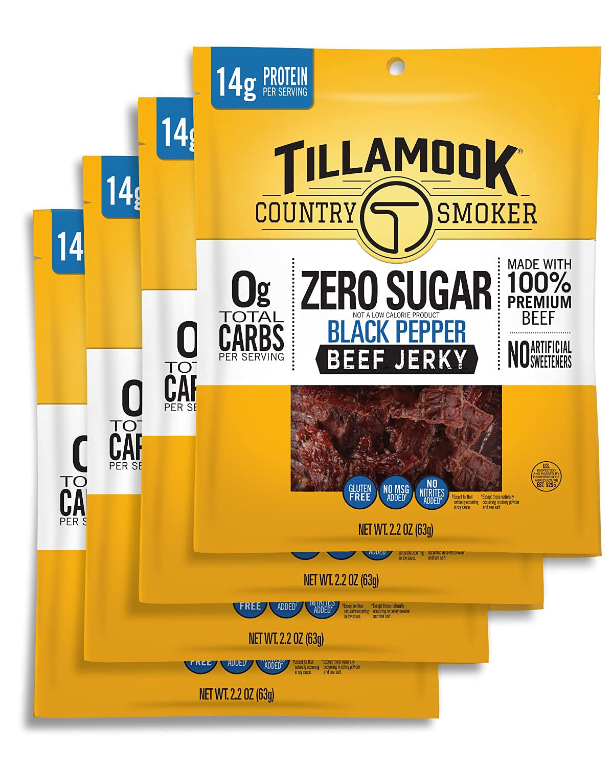 TILLAMOOK COUNTRY SMOKER Beef Jerky, Keto Friendly, Zero Sugar, Black Pepper, 2.2 Ounce (Pack of 4)