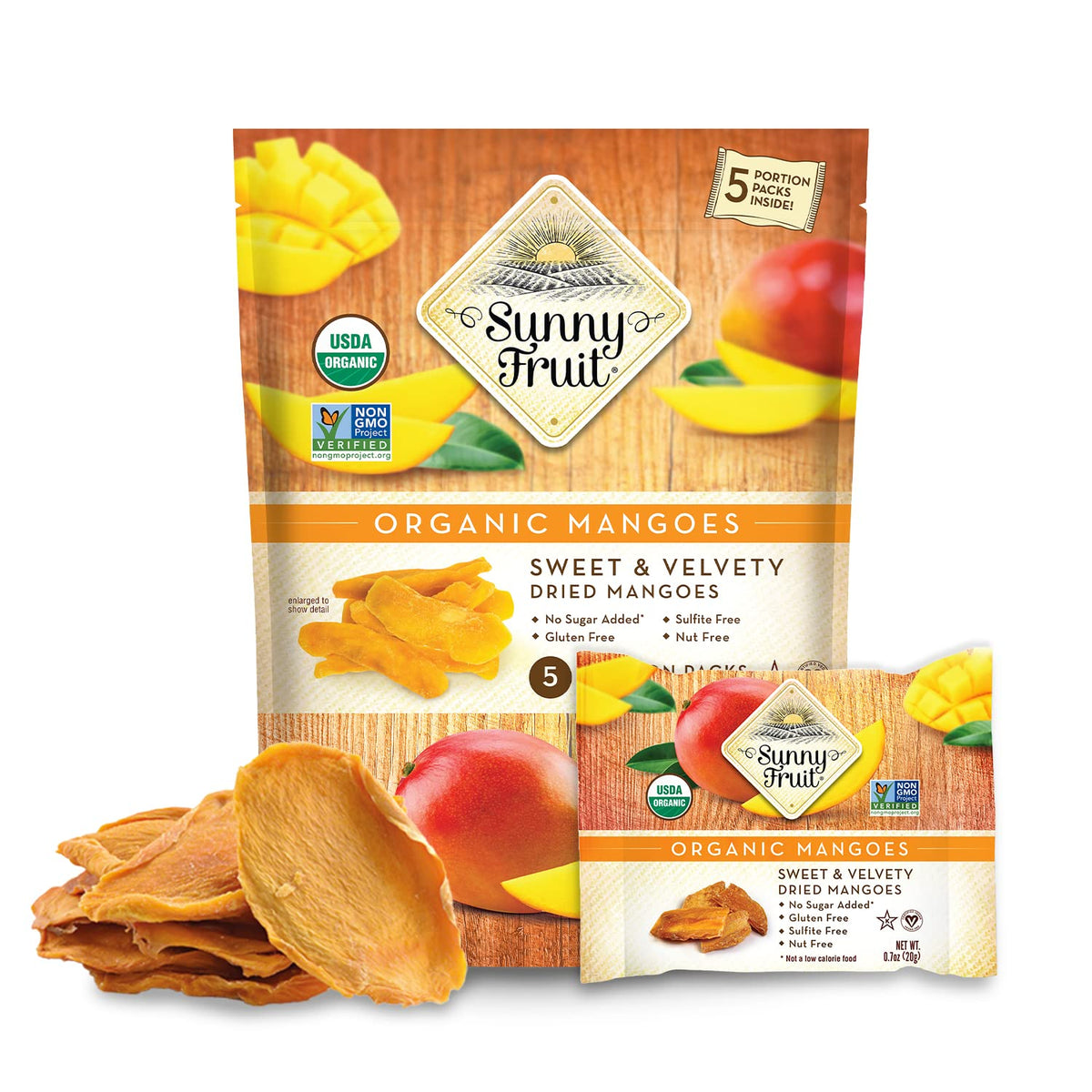 SUNNY FRUIT Organic Dried Mangoes - 5 Snack Packs (0.7 oz each) | Vegan, Non-GMO, No Preservatives, No Added Sugar, Dark Brown