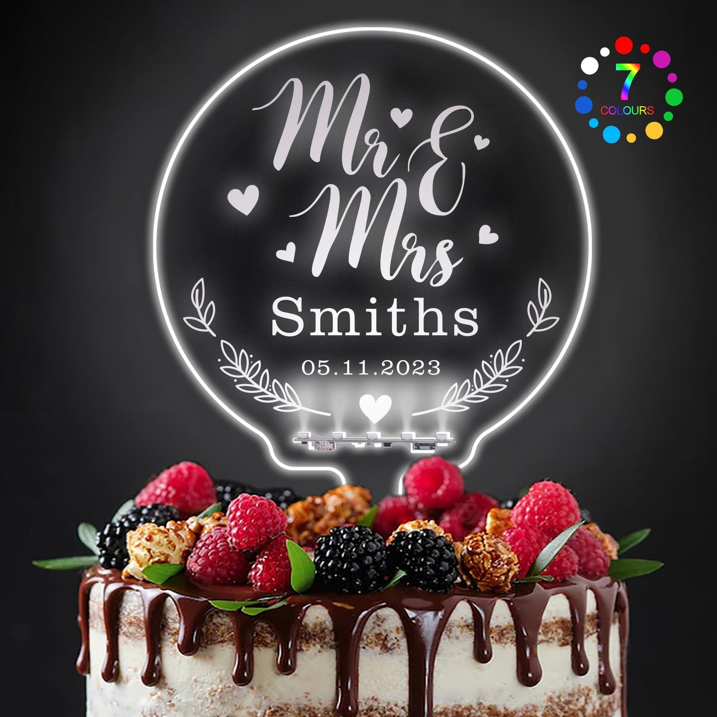 EDSG LED Personalized Wedding Cake Topper, Light Up MR & MRS, 7 Color Changes, Design 1, Plastic