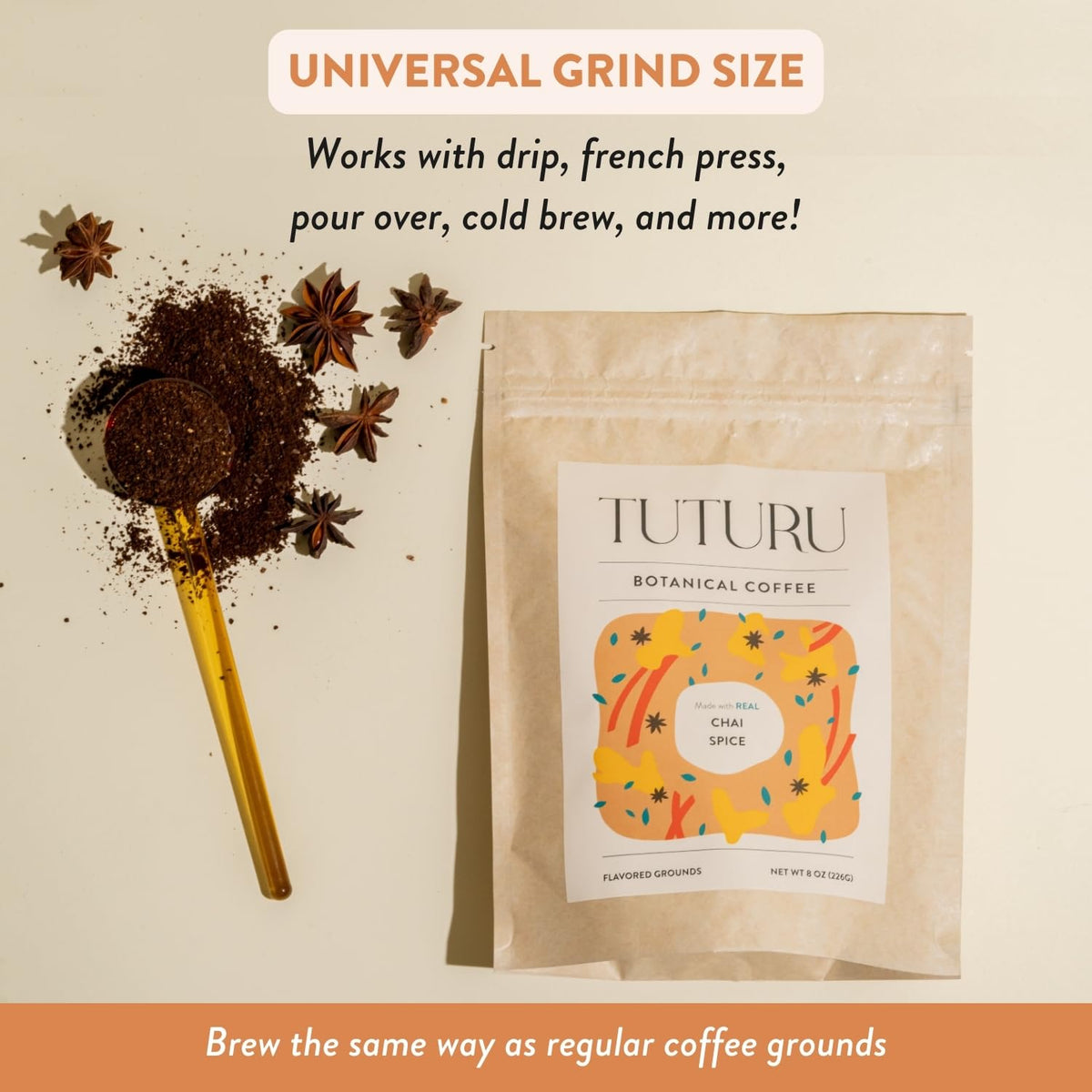 TUTURU Botanical Coffee Organic Dirty Chai Ground Coffee - Medium Roast - 8 oz, 22 Servings