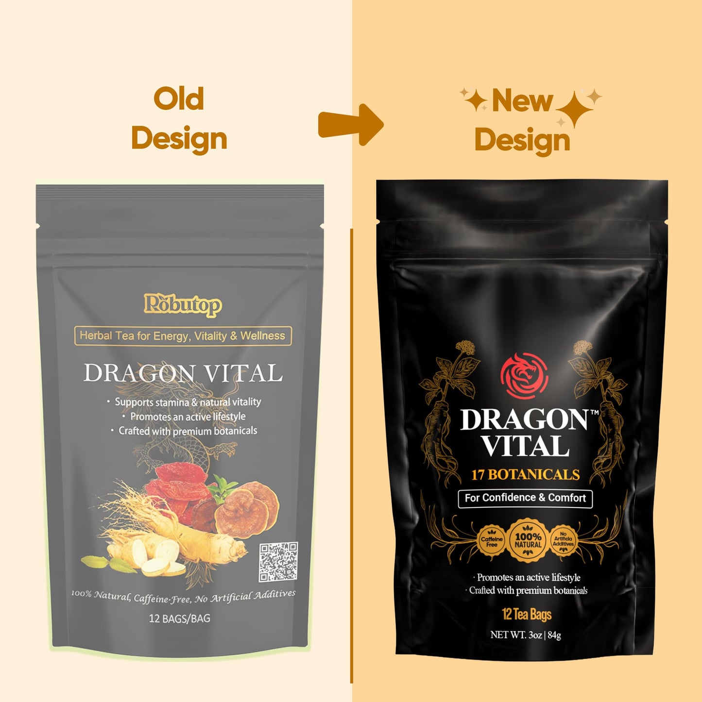Dragon Vital Herbal Tea with Ginseng & Maca - Natural Energy Support | Caffeine-Free Botanical Blend for Vitality & Active Living | All natural - NON-GMO & No Preservatives |12 Tea Bags | by Robutop