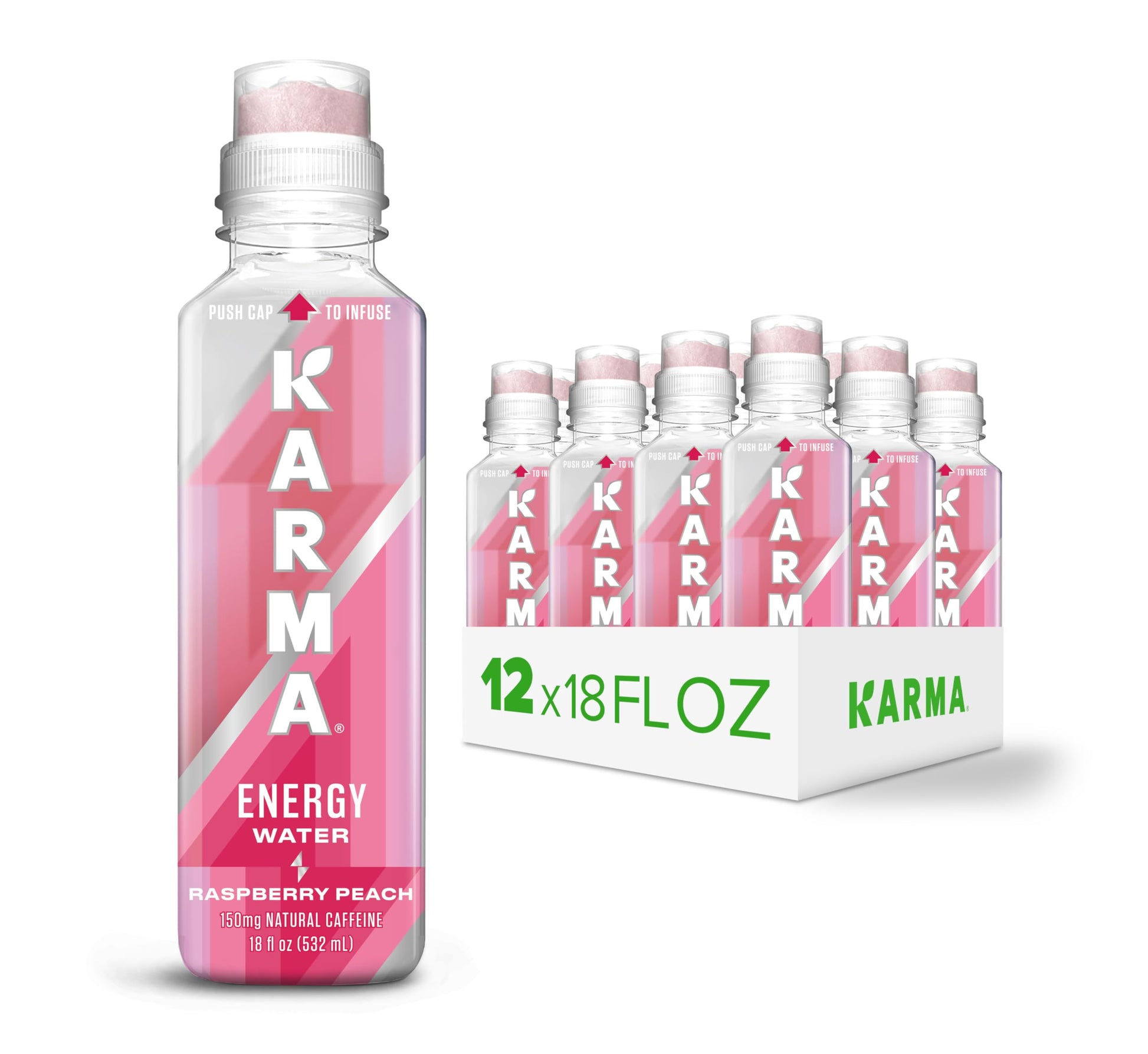 Karma Raspberry Peach Energy Water l Caffeinated Natural Energy Drink l Low Calorie Focus and Energy Boost, 18 Fl Oz (Pack of 12