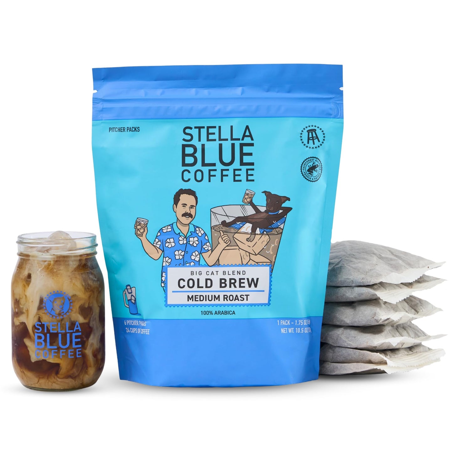 Stella Blue Cold Brew Arabica Big Cat Blend Coffee  6 Ready-to-Brew Packets  Enriching Caramel and Hazelnut Notes with Sweet Fruitiness - Fresh Cold Brew for True Fanatics