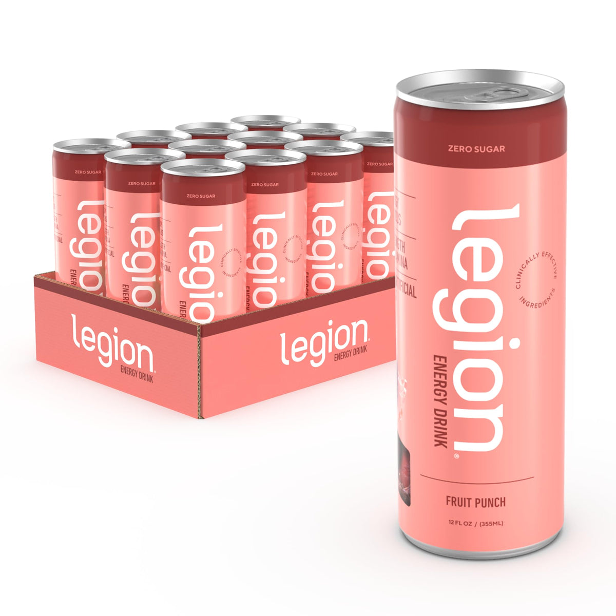 LEGION Energy Drink - Sugar Free, Naturally Sweetened, with Natural Caffeine, Theanine, Taurine, B Vitamins - 12 Pack, Fruit Punch