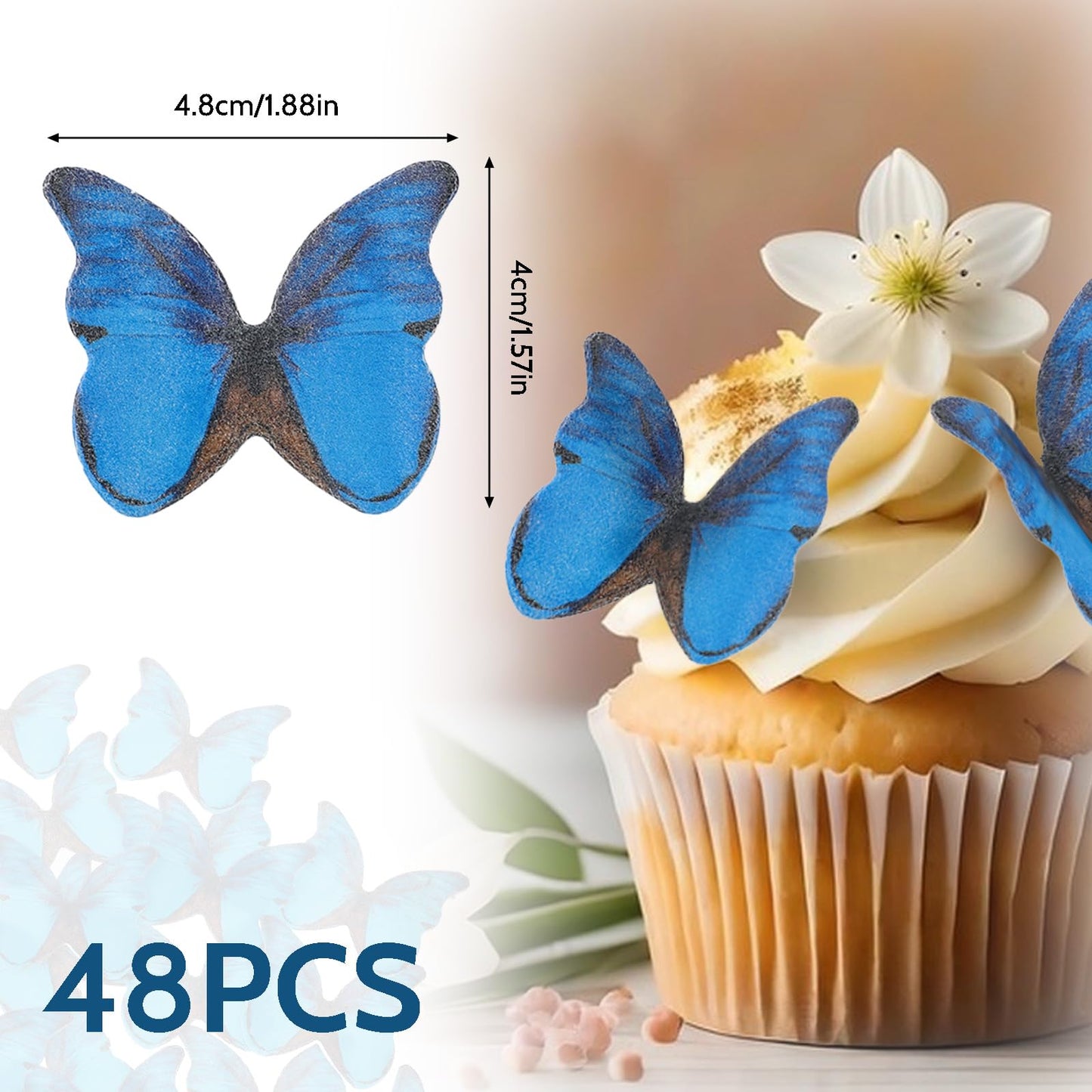TIESOME Edible Butterflies Cake Toppers, Blue, 4.8cm x 4cm, Paper, 48 Pcs for Weddings, Birthdays, and Parties