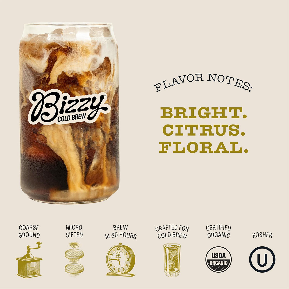 Bizzy Organic Cold Brew Coffee | Light & Bright Blend | Coarse Ground Coffee | Light Roast | Micro Sifted | Specialty Grade | 10