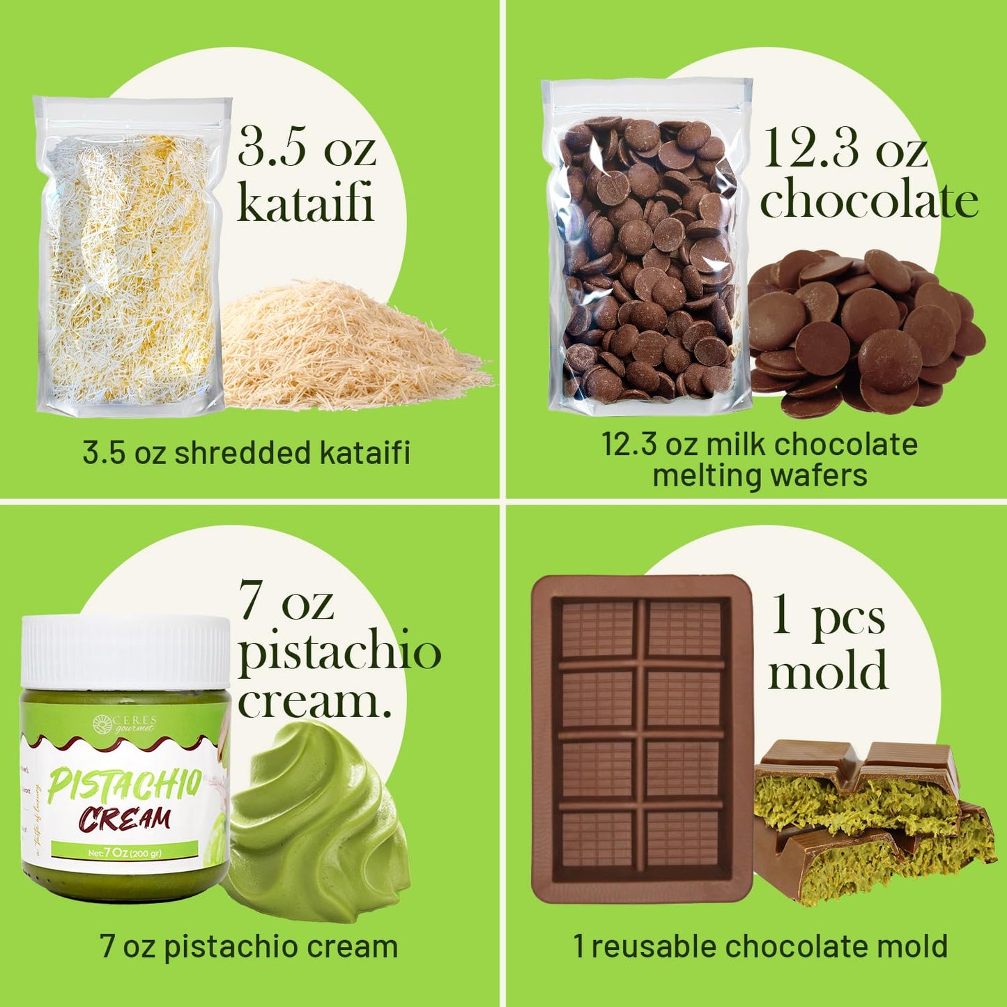 Ceres Gourmet Chocolate Bar DIY Kit – Mold, Melting Wafers, Kataifi, Pistachio Spread – 12.3 oz, 3.5 oz, 7 oz
