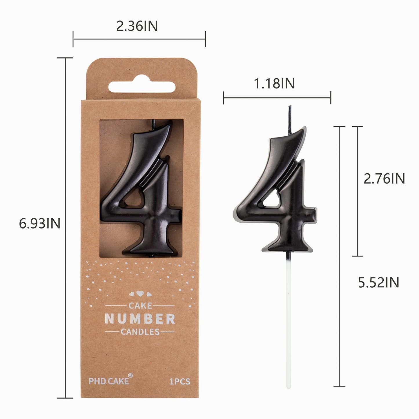 PHD CAKE Birthday Candles - Elegant Black Number 4, Wax Material, 2.76 Inch Size, Perfect for Party Celebrations