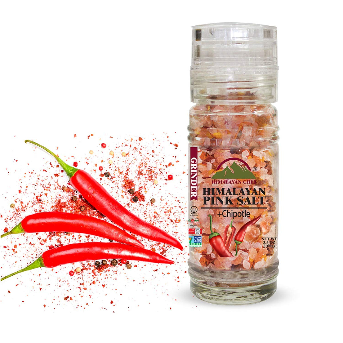 Himalayan Chef Chipotle with Pink Salt Grinder, OU Kosher Certified, Non-GMO-3.5oz