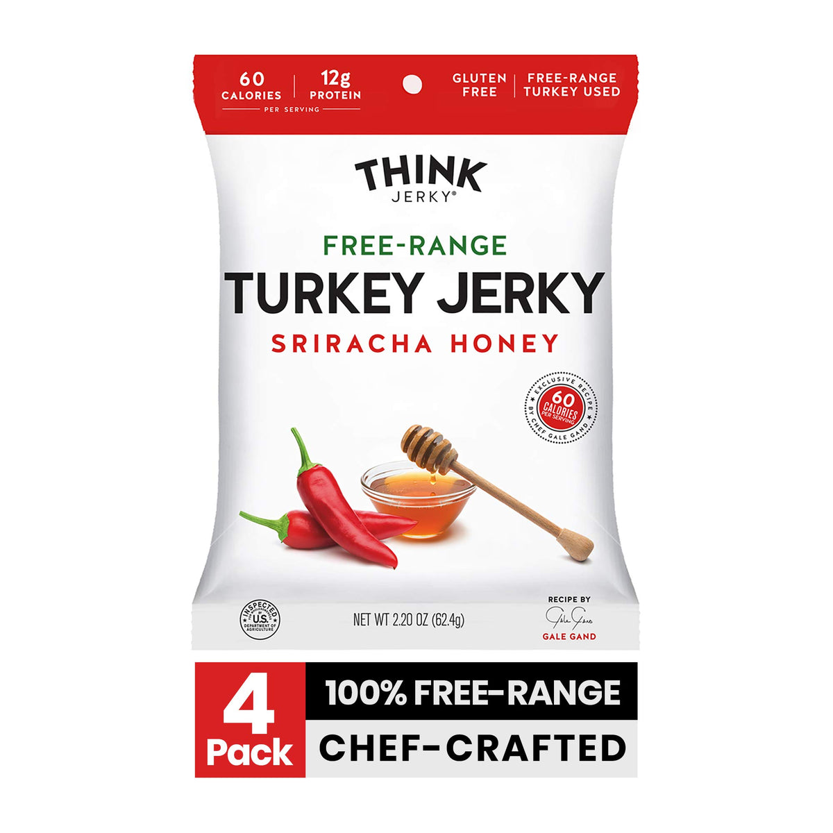 Think Jerky Sriracha Honey Turkey Jerky - Gluten Free, Low Calorie Snack, 2.2 Ounce Bags, Pack of 4