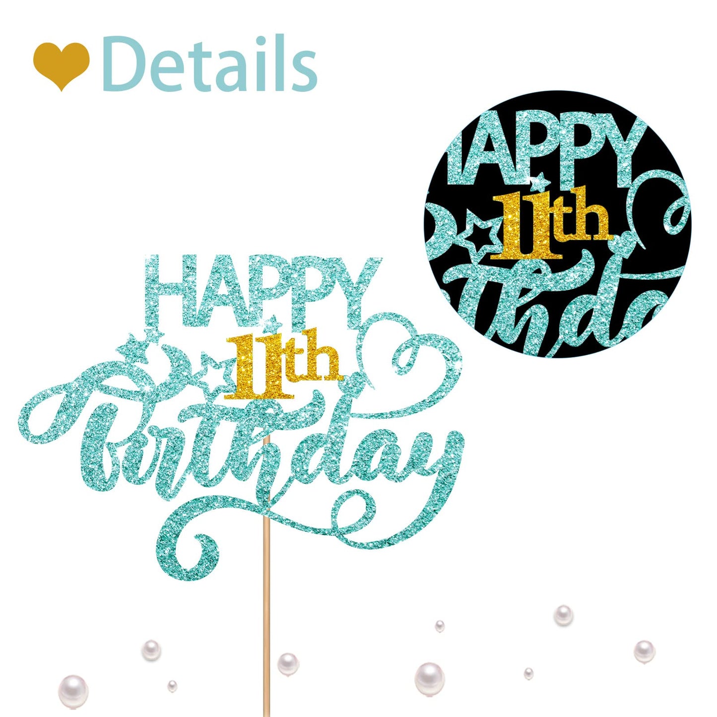 Sky Blue Glitter Happy 11Th Birthday Cake Topper, Eleven Years Old Birthday Party Cake Decor, Gold Number 11 Birthday Party Supp