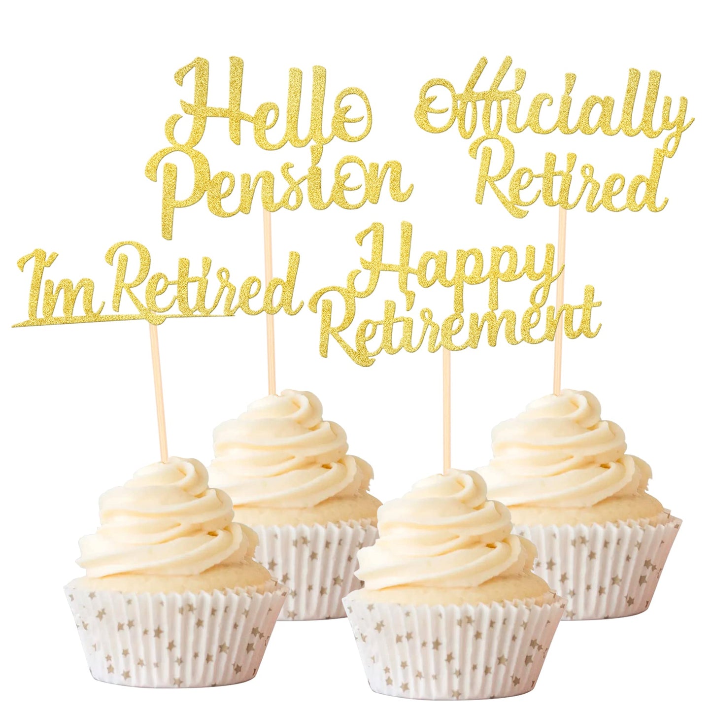 Rsstarxi Cupcake Toppers, 24 Pack, Glitter Retirement Theme, Gold, Model XM014-Gold