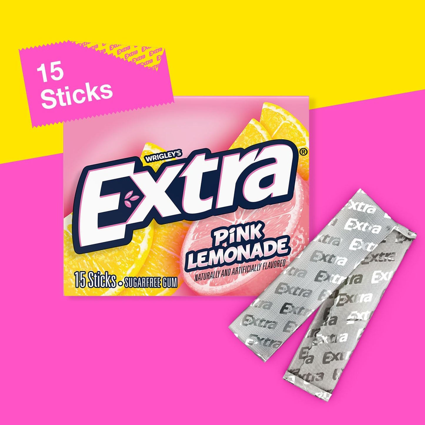 Extra Gum Pink Lemonade - Sugar-Free Chewing Gum, 15 Sticks per Pack, Bulk Box of 10 Packs, Total 150 Sticks