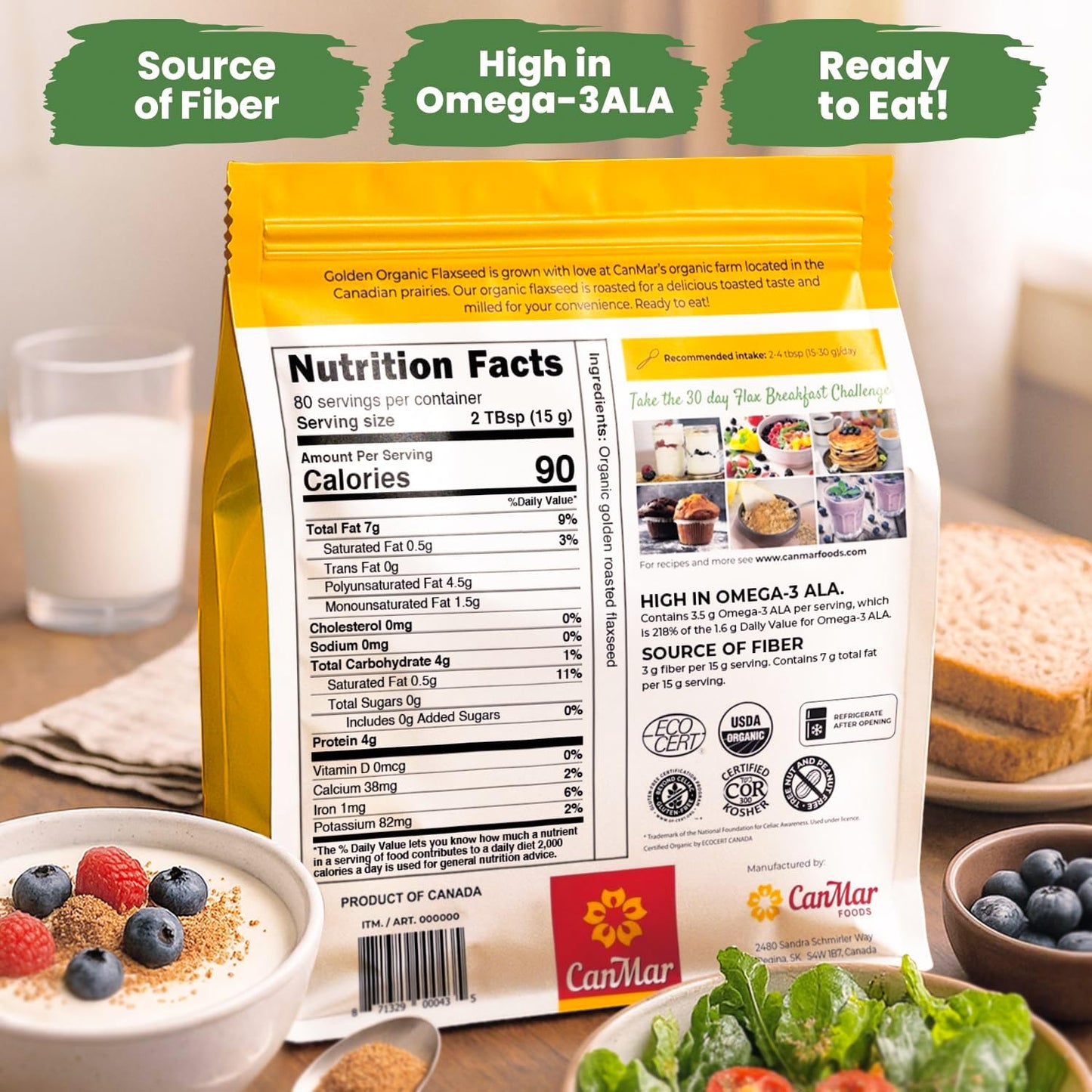 CanMar Ground Milled Golden Roasted Organic Flaxseed, 42 oz - Vegan, Non-GMO, Gluten Free - Flaxseed Meal with Omega-3, Fiber -
