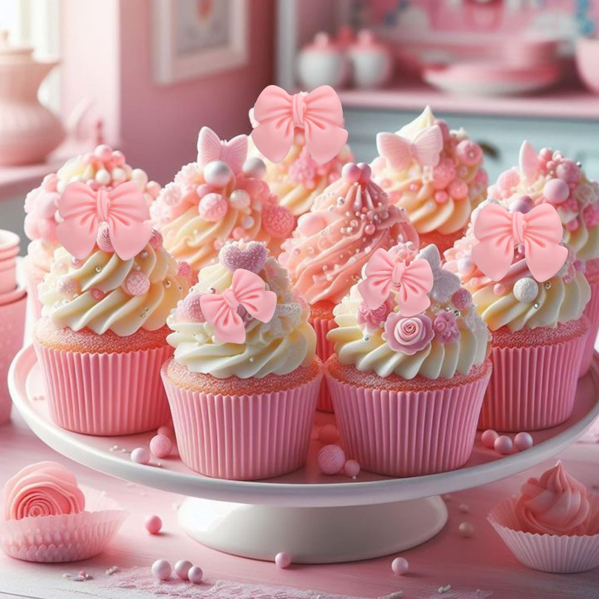 30 Pcs Pink Bow Cupcake Toppers, Bowknot Cake Decorating Bow Cake Topper Birthday Decorations Coquette Bow Theme Party Decoratio