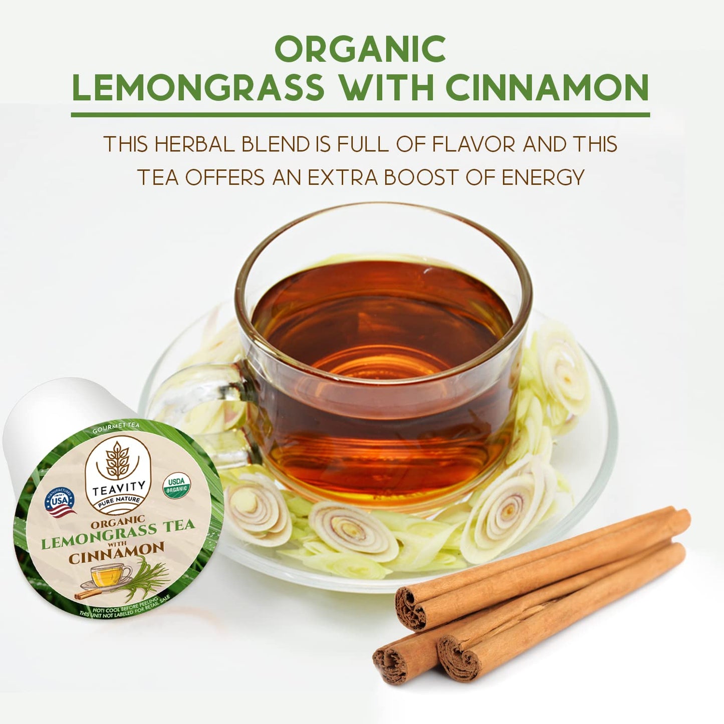 Teavity Organic Lemongrass and Cinnamon Tea Pods - Naturally Decaffeinated Herbal Tea, 12 Count