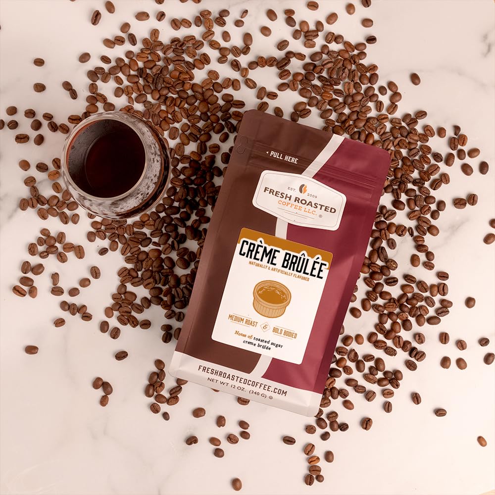 Fresh Roasted Coffee, Crème Brûlée Flavored Coffee, 12 Oz, Medium Roast, Kosher, Whole Bean