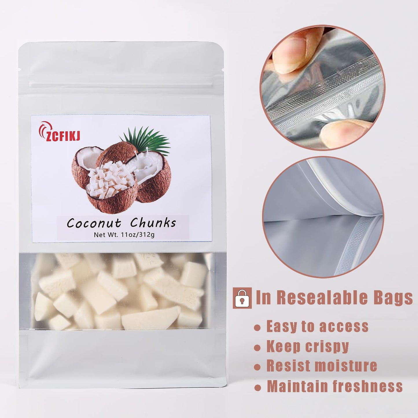 Dried Coconut Chunks 11oz/312g,Natural Freeze Dried Fruit Snack | Coconut Crunchy Flakes Unsweetened | Refreshing and Delicious