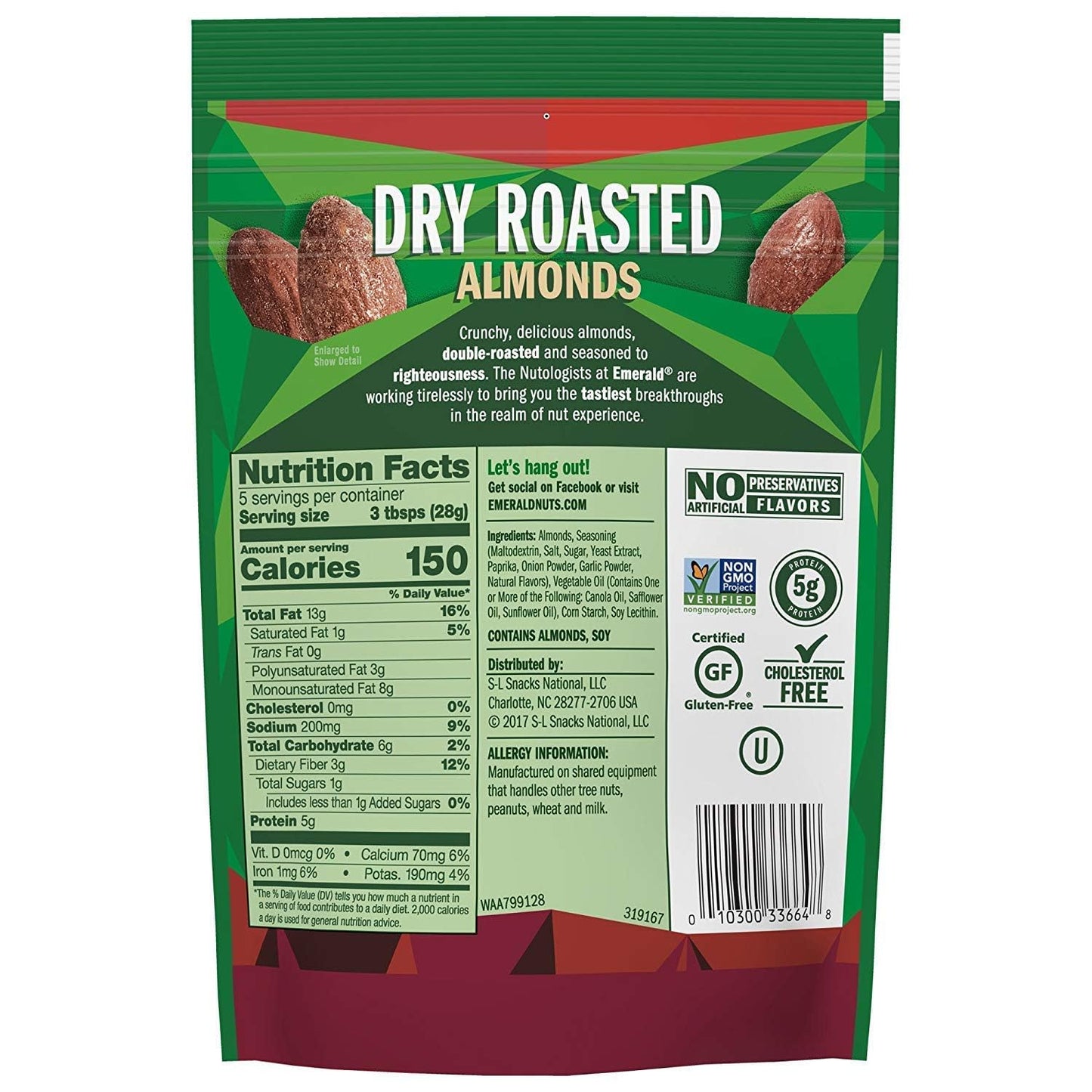 Emerald Dry Roasted Almonds, 5 Ounce Resealable Bag, Pack of 3