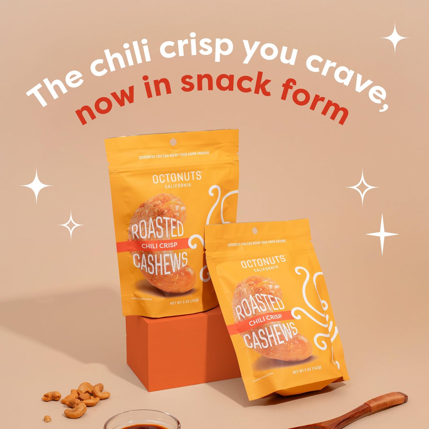 Octonuts Chili Crisp Cashews - Roasted in Almond Oil (5oz) Bold Chili and Garlic Crunch - Plant Based Protein Snack - Healthy, V