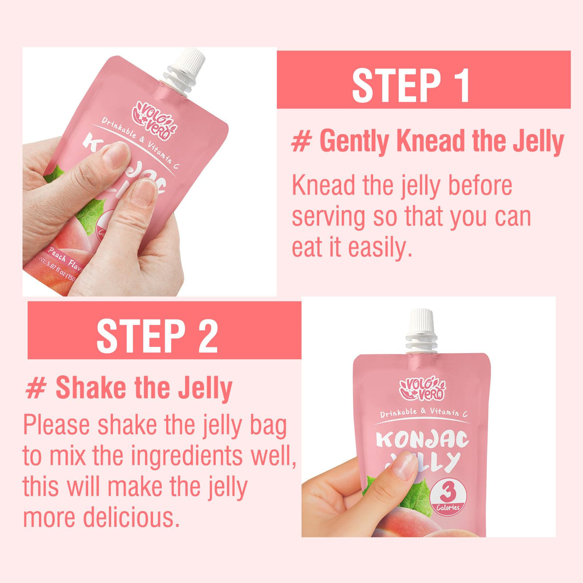 VOLO VERO Konjac Jelly Squeeze Pouch Peach Flavor, Low Calories (3 Kcal), 10 Packs, Gluten Free & Vegan, 0 Sugar, Keto, Low Carb