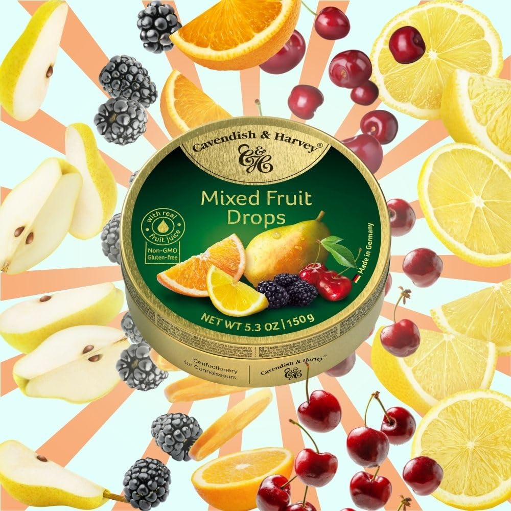 Cavendish & Harvey | Mixed Fruit Hard Candy Drops | 5.3 Ounce Tin