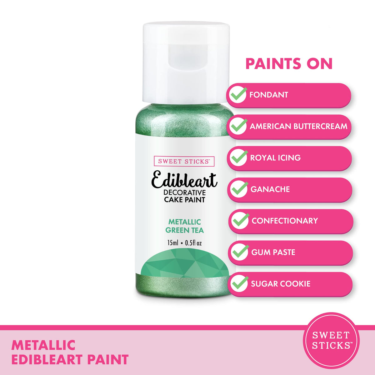 SWEET STICKS Edible Art Decorative Cake Paint 0.5 Oz Metallic Green Tea