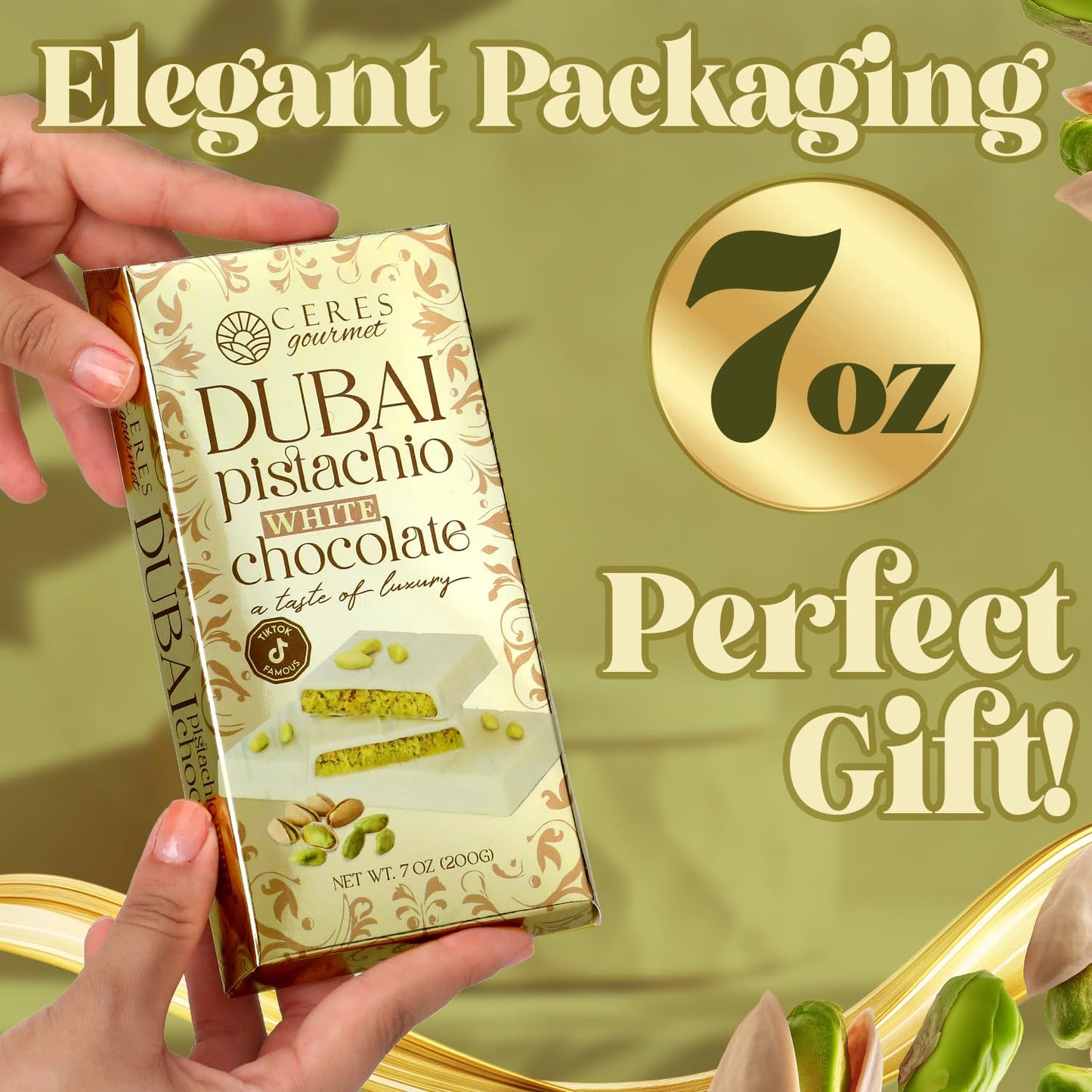 Dubai Chocolate Kunafa Pistachio Bar 7Oz | Famous White Chocolate Kunafe Bar | Crispy Kunafe With Pistachio Paste | Gift Idea For All Occasions | Elegant White Chocolate Kunafa Gift