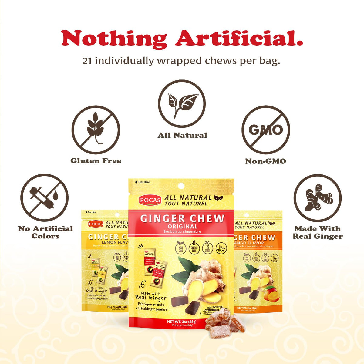 Pocas Ginger Chews Variety Pack - Mango, Original, Lemon - 3 Individually Wrapped Snacks, 3 Oz Each, Assorted Flavors