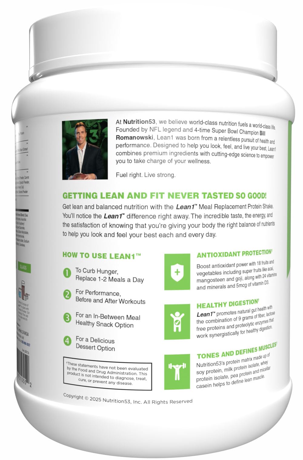 N53 Lean1 Meal Replacement Protein Powder, Cookies and Cream Flavor, 15 Serving tub, No Sugar Added