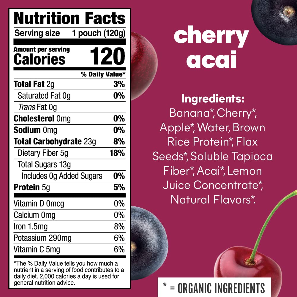 Noka Superfood Fruit Smoothie Pouches, Cherry Acai, Healthy Snacks with Flax Seed, Plant Protein and Prebiotic Fiber, Vegan and